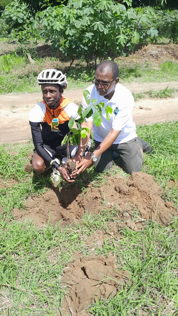 TAGET staff member and a cyclist planting a seedling side by side